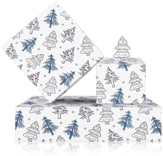 Pacco regalo per festa - 4 fogli 50x70 cm - Cartone albero di Natale/palle rosse - Imballo per regali invernali - Ideale per artigianato - Schema a colori blu/bianco - Carta da pacchi