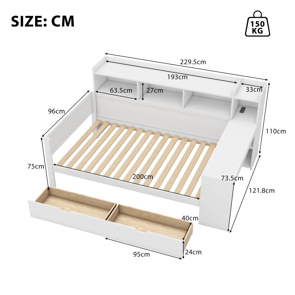 Letto singolo 90×200 cm con scrivania; 2 cassetti; prese USB e vano portaoggetti; senza materasso; bianco