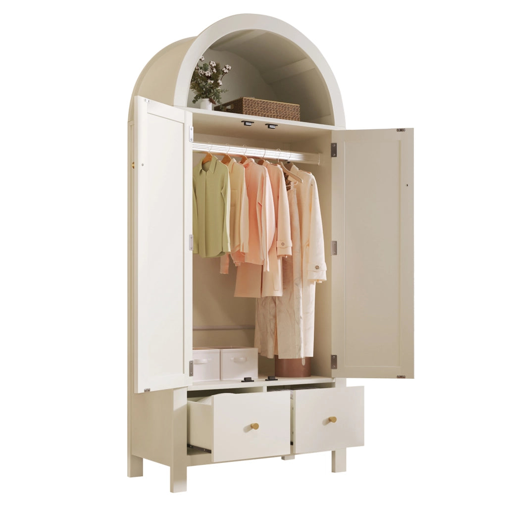 Armadio Guardaroba Bianco 78×45×181 cm con Ante in Rattan; Cassetti; Barra Appendabiti e Design Country Chic