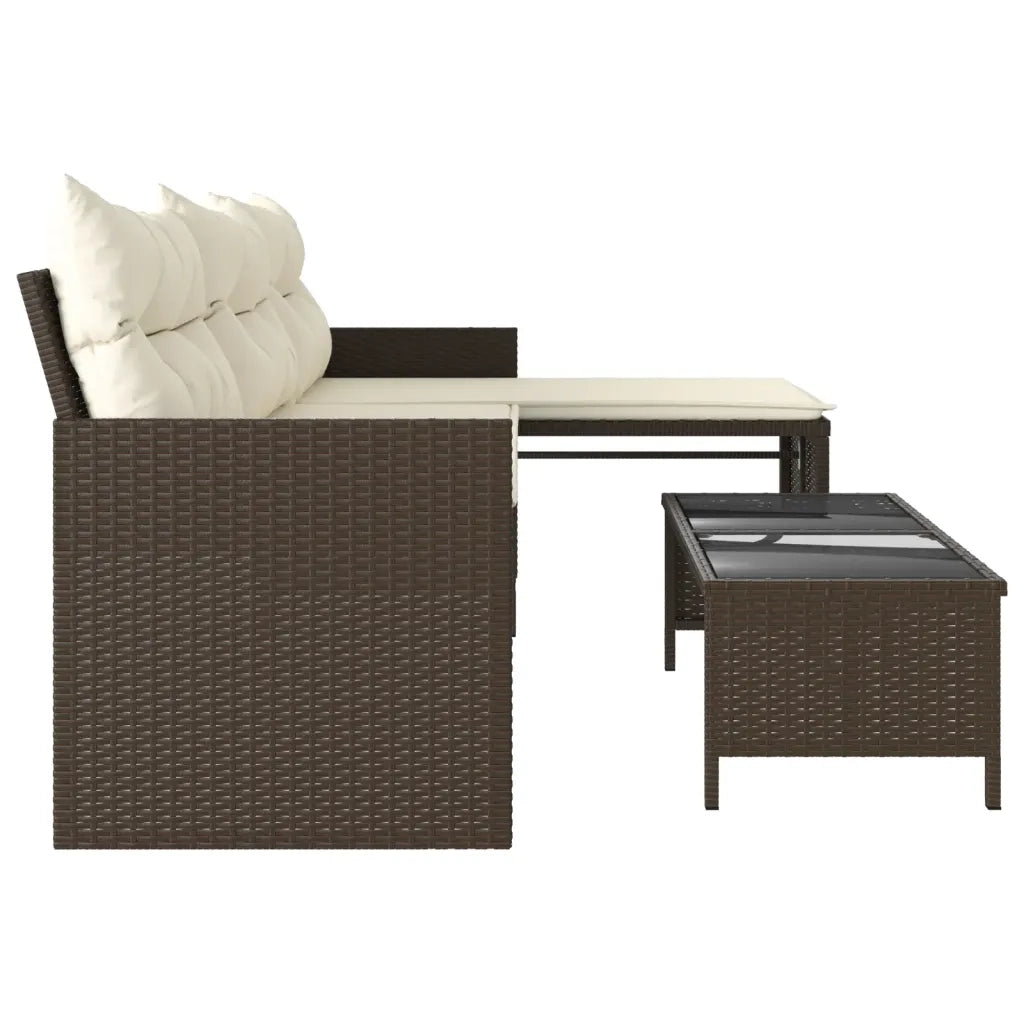 Divano da Giardino con Tavolo e Cuscini a L Marrone Polyrattan 365573