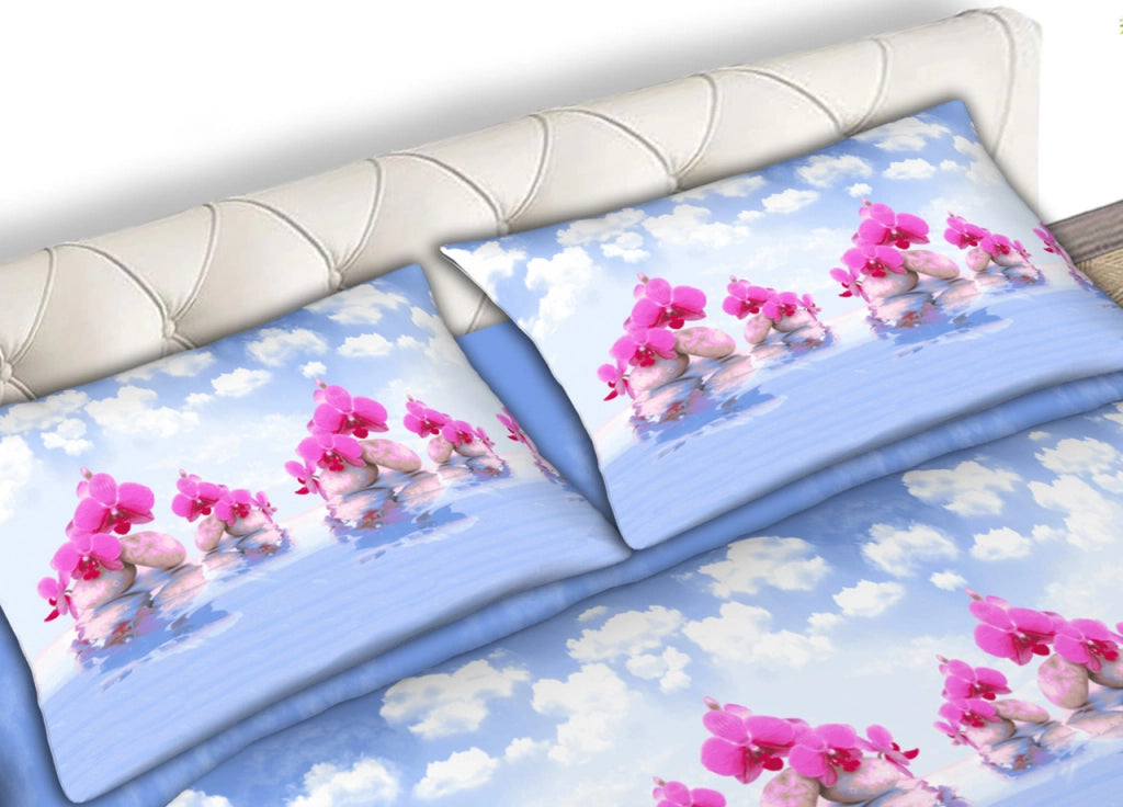 Completo Lenzuola 100% Cotone Made Italy Fantasia Floreal Cloud C.N. - Matrimoniale - Azzurro