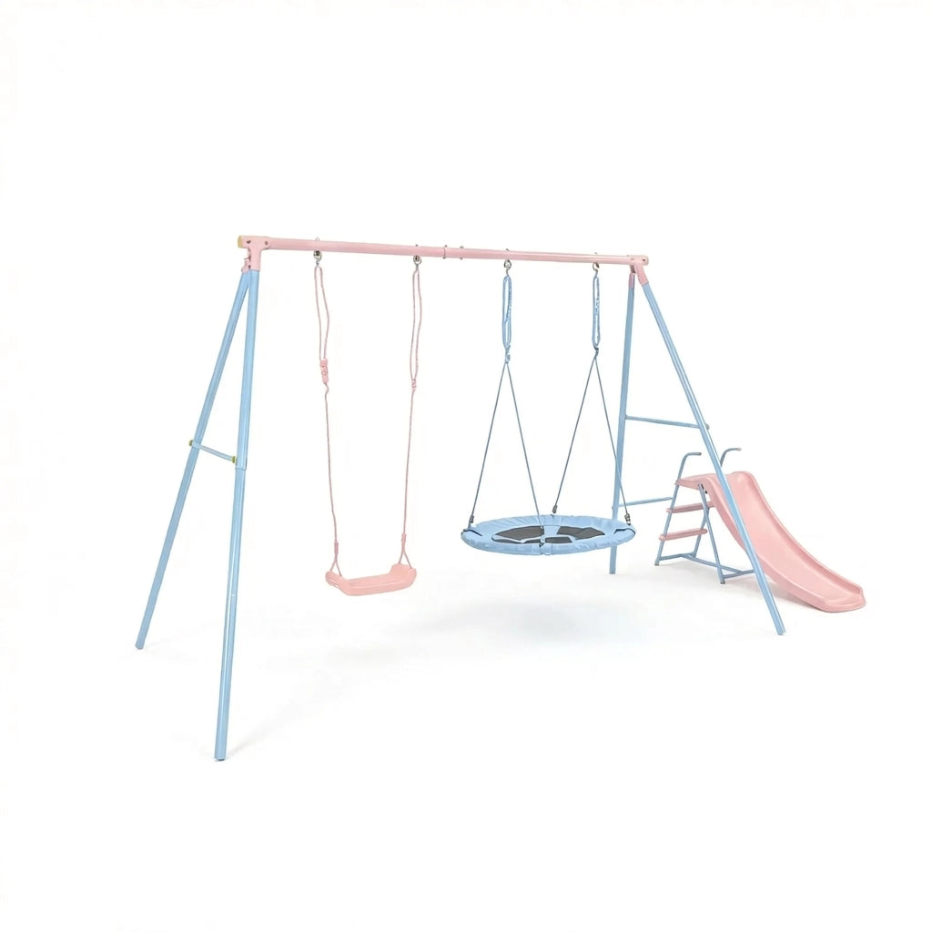 Set Altalene con Scivolo XNS107 330x136x180 cm; 2 Altalene e Struttura in Acciaio