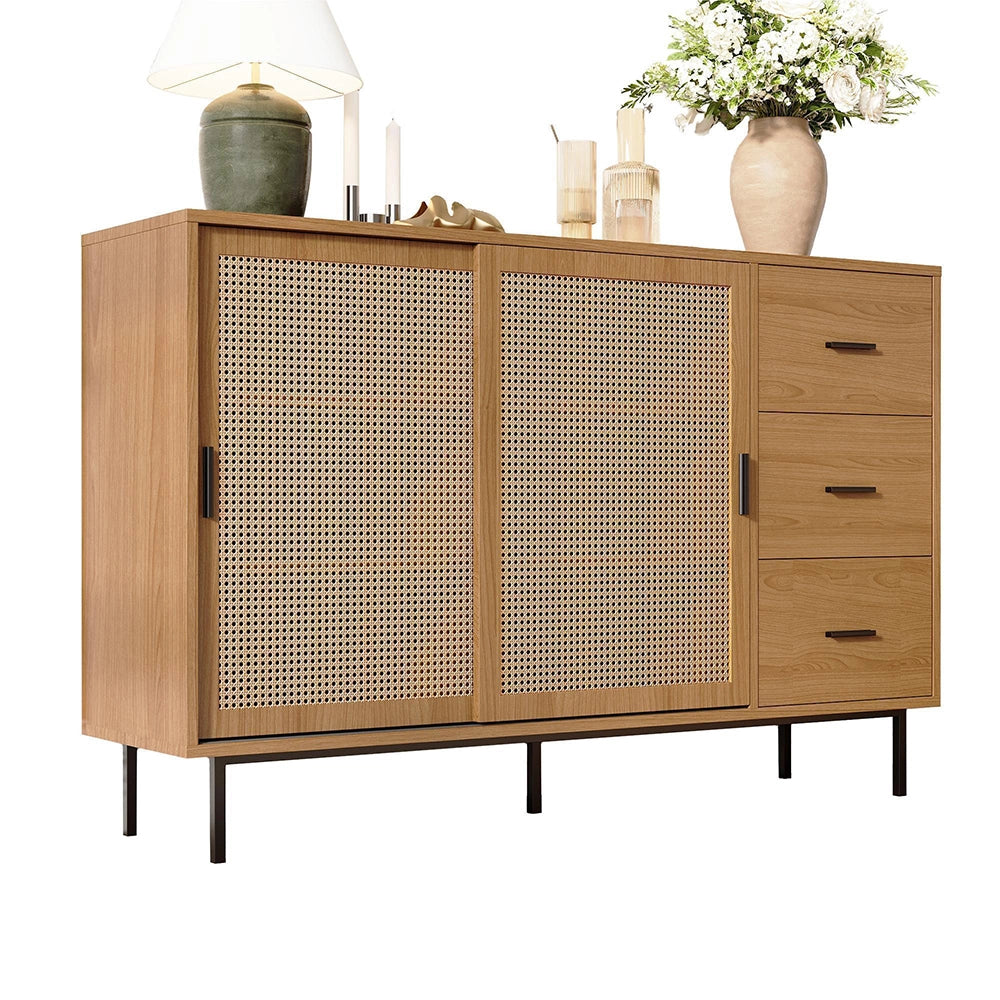 Credenza rustica 2 ante scorrevoli - Xylo - 3 cassetti, ripiani regolabili, per soggiorno, 140x91x37 cm