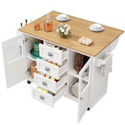 Carrello da Cucina con 4 Cassetti e 2 Ante; Piano Ribaltabile; Portaasciugamani e Portaspezie; Bianco