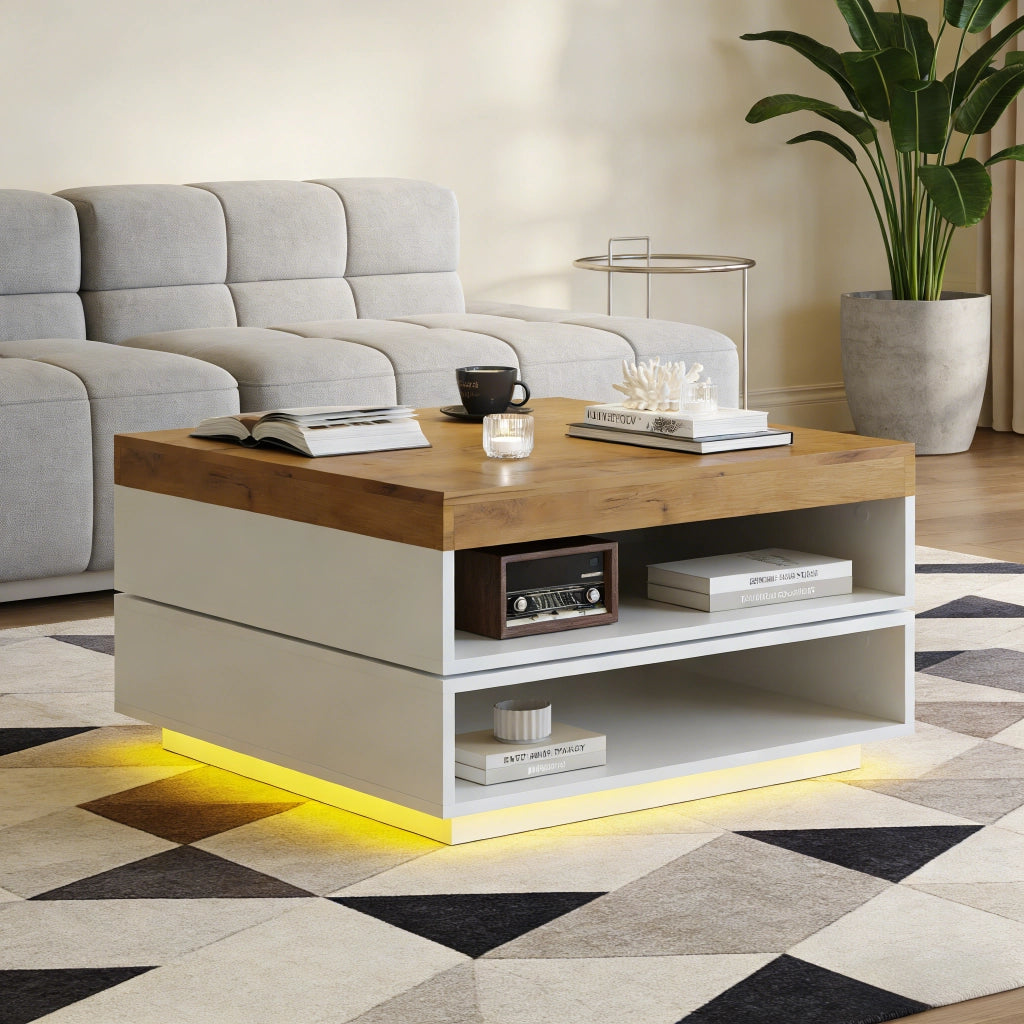 Tavolino quadrato 65¡Á65¡Á40 cm con piano girevole a 360¡ã, illuminazione LED e ripiani aperti, Bianco + effetto legno