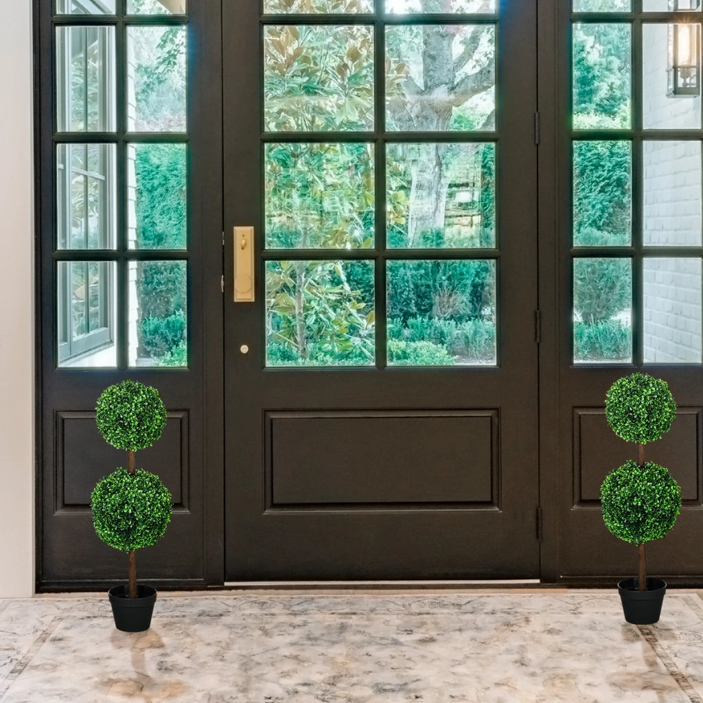 Alberi bosso artificiale doppia sfera con tronco e vaso ¨C Xylo ¨C 90 cm verde set 2 pezzi
