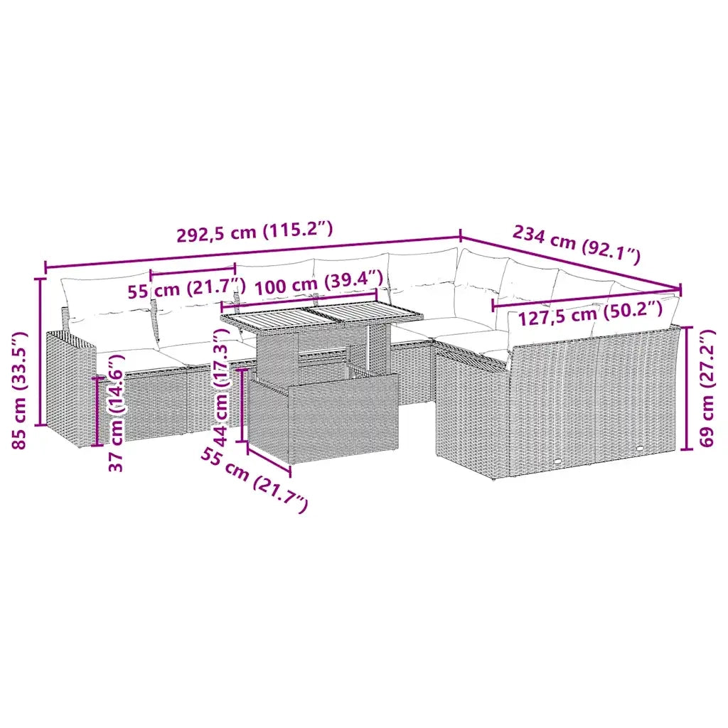 Set Divano da Giardino 10 pz con Cuscini Beige in Polyrattan