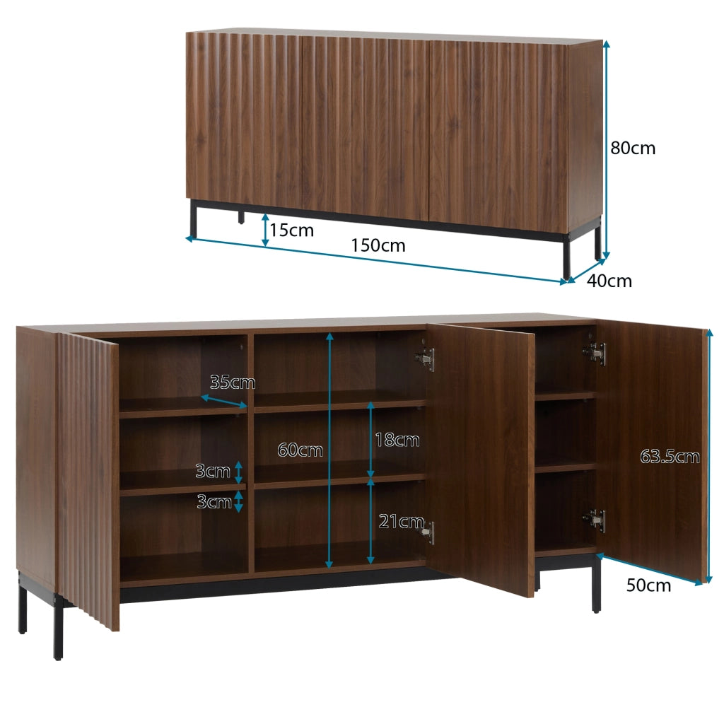 Sideboard Mid-Century Modern - Zephmum - 150x40x80cm Eiche dunkel gemasert, 3 T¨¹ren, 3D-Design, verstellbare B?den
