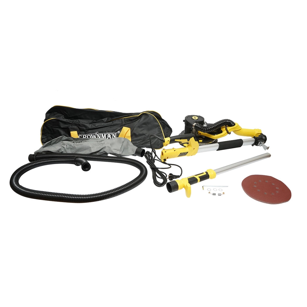 Levigatrice a giraffa per pareti e soffitti con aspiratore e sacco, 880 W, 220 V, 5 velocità 1000-2100 giri/min, braccio telescopico 125-180 cm, testa illuminata con 72 LED, 6 dischi da 225 mm Crownman