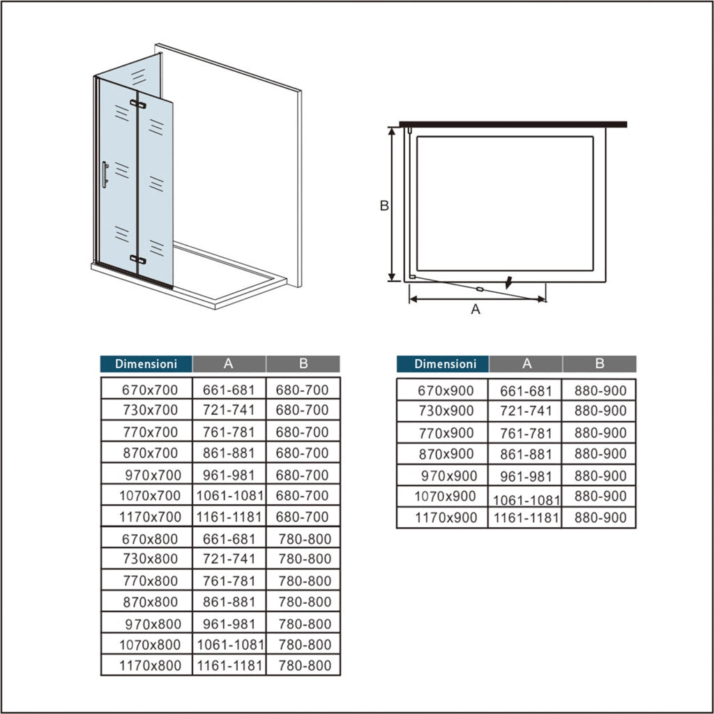 185 cm Box Doccia Walk In  Parete Fissa 80 cm + Porta Pieghevole 107 cm Vetro da 6 mm Temperato Anticalcare Barra Stabilizzatrice 45 cm Cromo Lucido