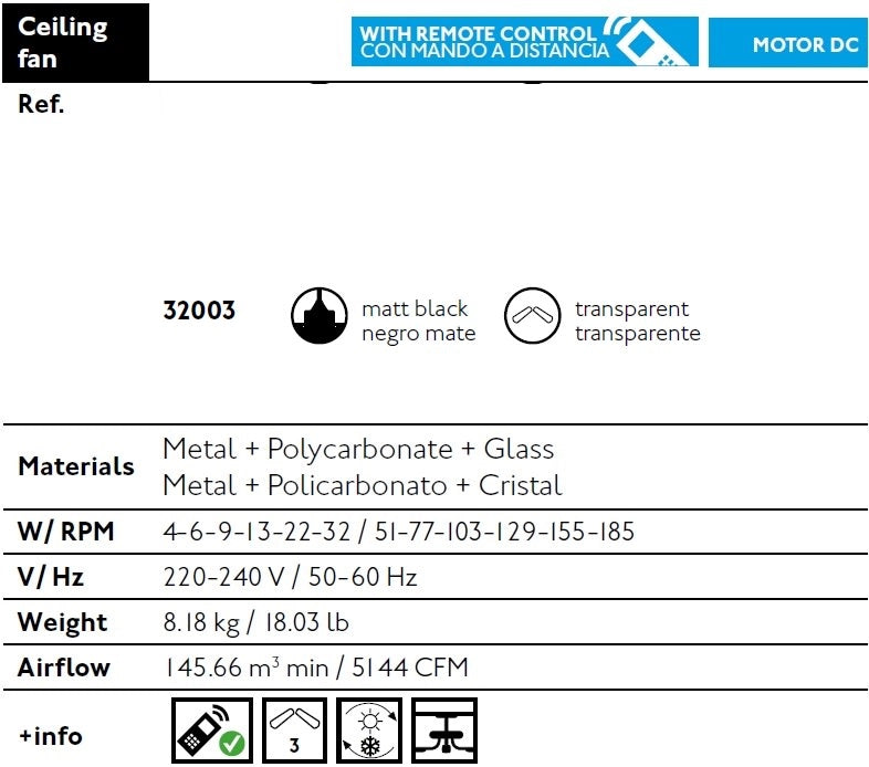 FARO Ventilatore da soffitto per interno 13-176 m² motore DC 6 velocita funzione inversa con telecomando Nero opaco-Trasparente Acciaio e policarbonato FARO-32003