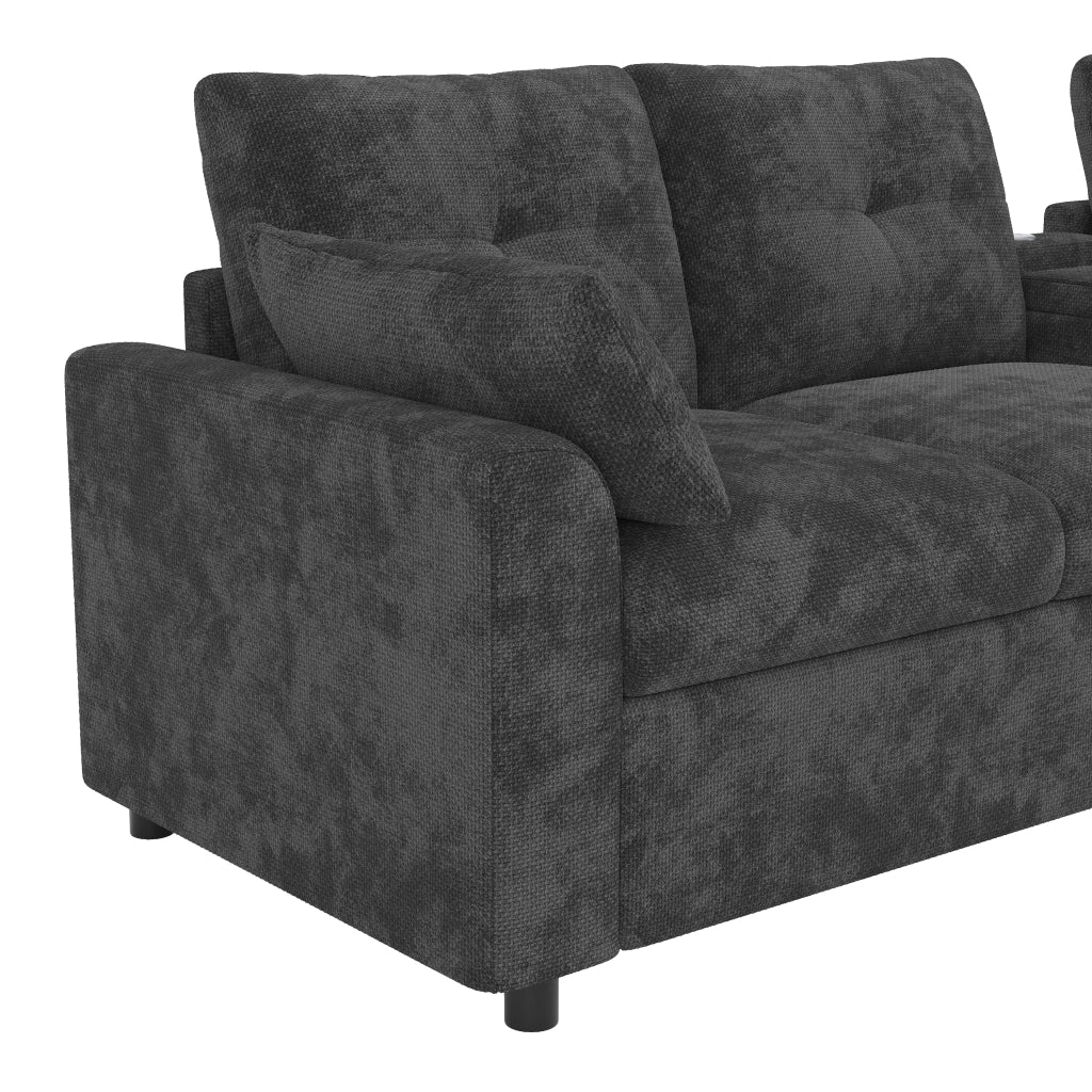 Divano angolare modulare 6 posti in chenille grigio con contenitore, USB e Type-C