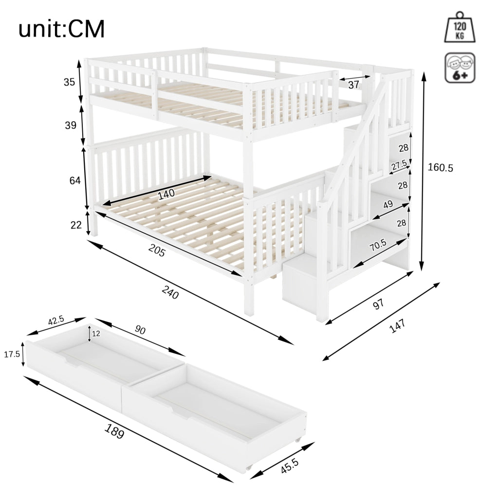 Letto a castello 140x200 cm con scala contenitore; 2 cassetti; in pino e MDF; bianco