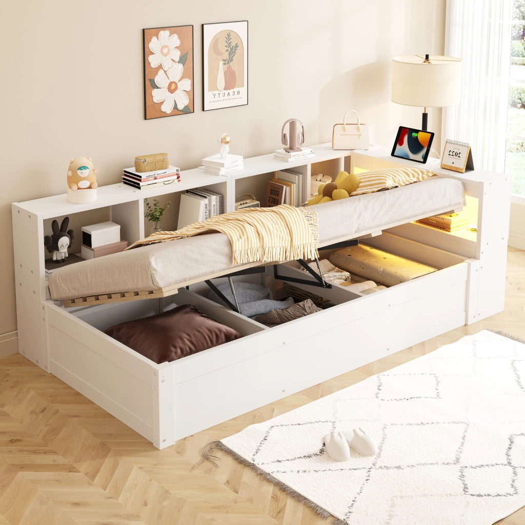 LETTO Multifunzione 90x200 cm Bianco con LED e prese integrate