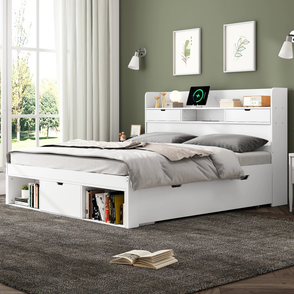 Letto matrimoniale multifunzione 140x190 cm per bambini e ragazzi con USB; cassetti e ampio vano portaoggetti; bianco