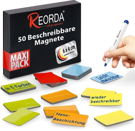 Strisce Magnetiche Descrivibili - 50 strisce descrittive - 6 x 4 cm (colorate) - Magnetici descrittivi per lavagne bianche, tabelloni Kanban, lavagne magnetiche o come magnetici descrittivi per il frigorifero