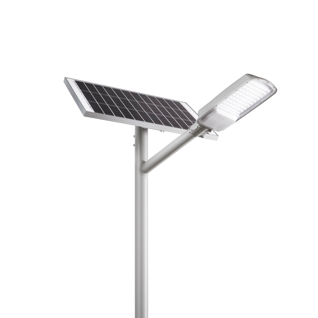 FARO SOLARE STRADALE LED RADIUS SILVER 64W 4200LM 3000K CON PANNELLO SOLARE IP65 48,6X8,7X20,7CM