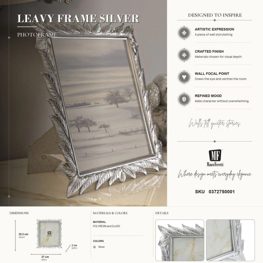 Cornice portafoto Leavy Silver in resina argento con foglie 20x25