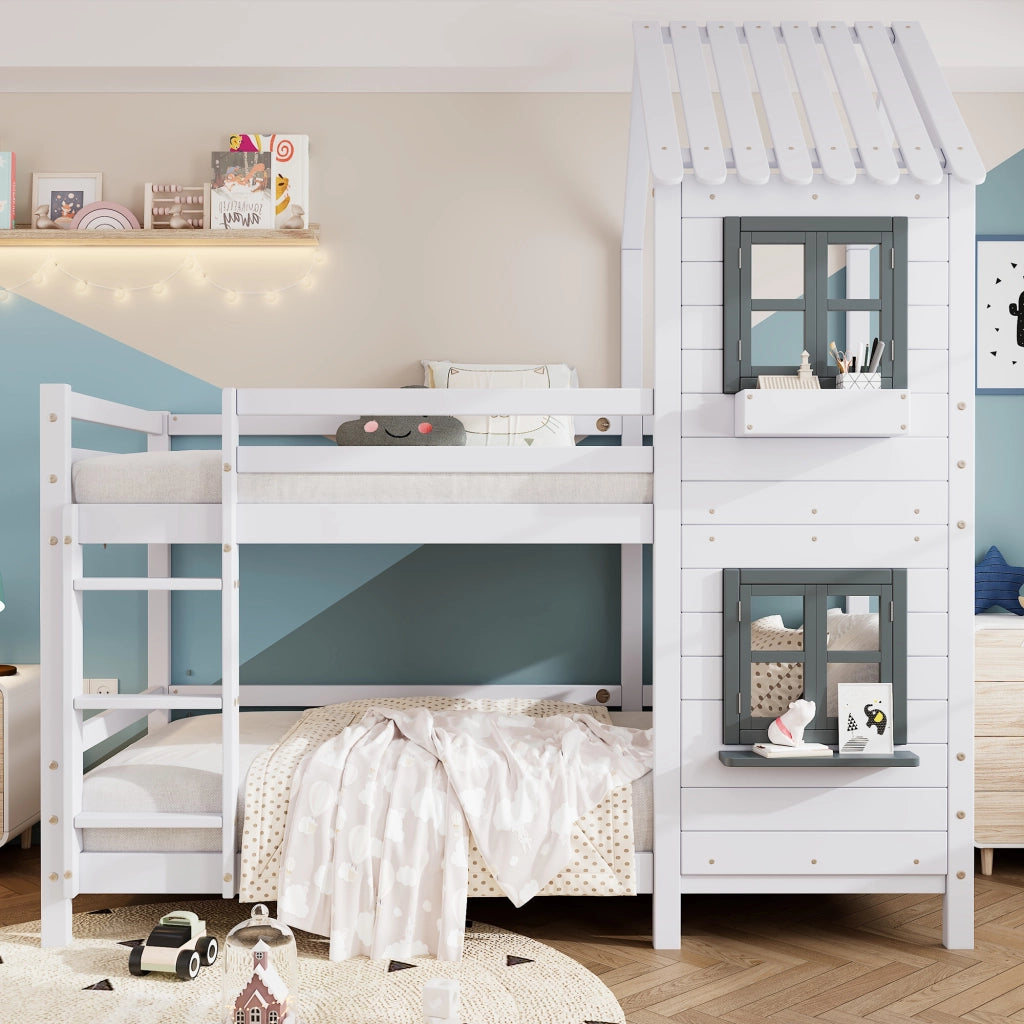 DESMIU Letto a castello bambino 90 × 200 cm con finestra, scala, sponde, senza materasso, legno, bianco
