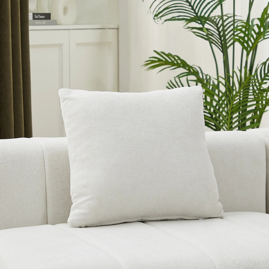 Sofà modulare curvo in chenille beige, composizione semicircolare da 6 moduli con 2 cuscini
