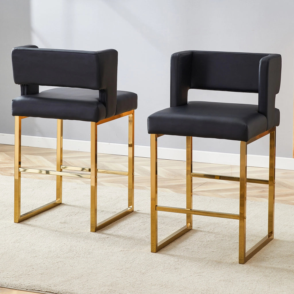 Set di 2 Sgabelli da Bar; Design Nordico con Seduta Quadrata Imbottita e Gambe Geometriche; Metallo e PU; Nero e Oro