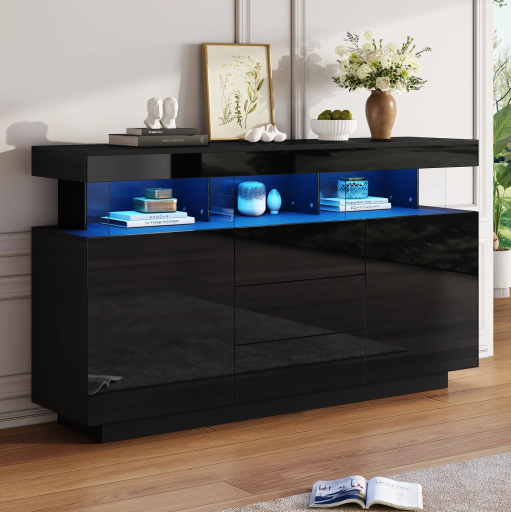 Credenza moderna lucida 140 x 35 x 80 cm con LED; 3 cassetti e 2 ante; nero