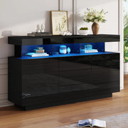 Credenza moderna lucida 140 x 35 x 80 cm con LED; 3 cassetti e 2 ante; nero