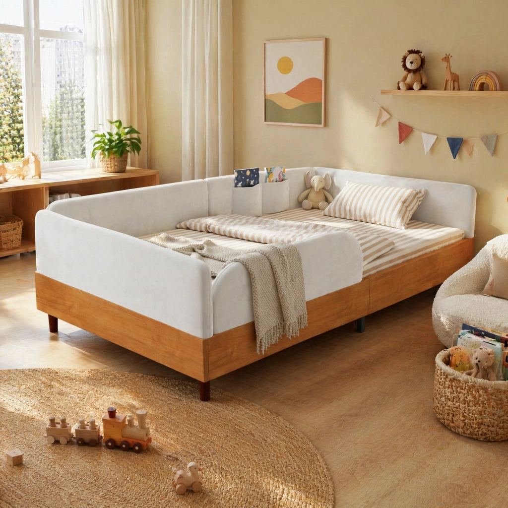 LETTO imbottito 90x200 cm in velluto bianco e legno