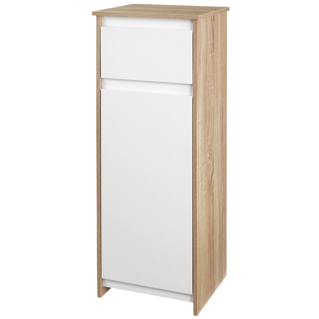 Armadietto Bagno con Cassetto e Anta ¨C Zephmum ¨C 32.6x30x90 cm Bianco e Naturale