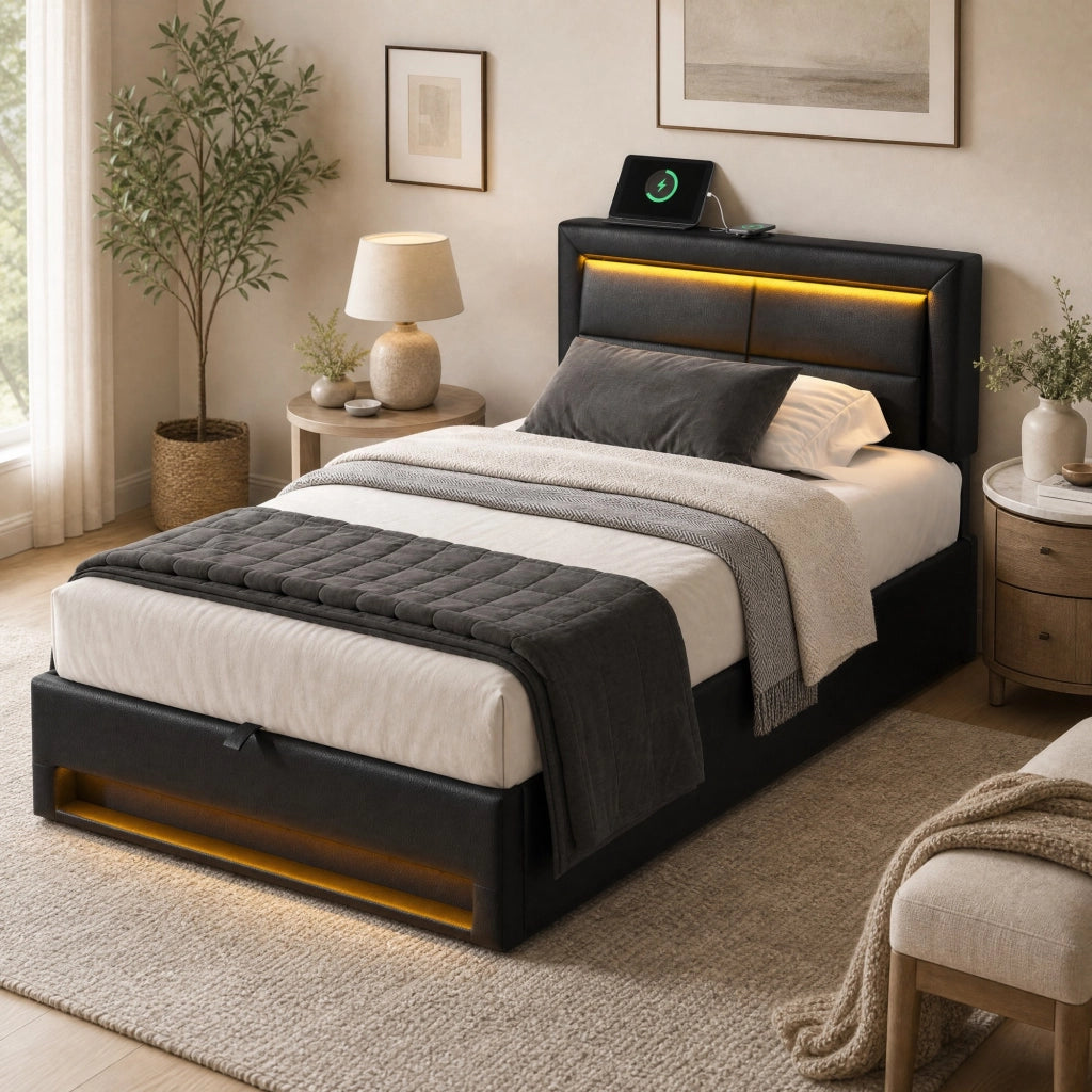 Letto imbottito 90 × 200 cm con ricarica USB cablata e senza fili LED a 12 colori vano sottoletto in PU nero