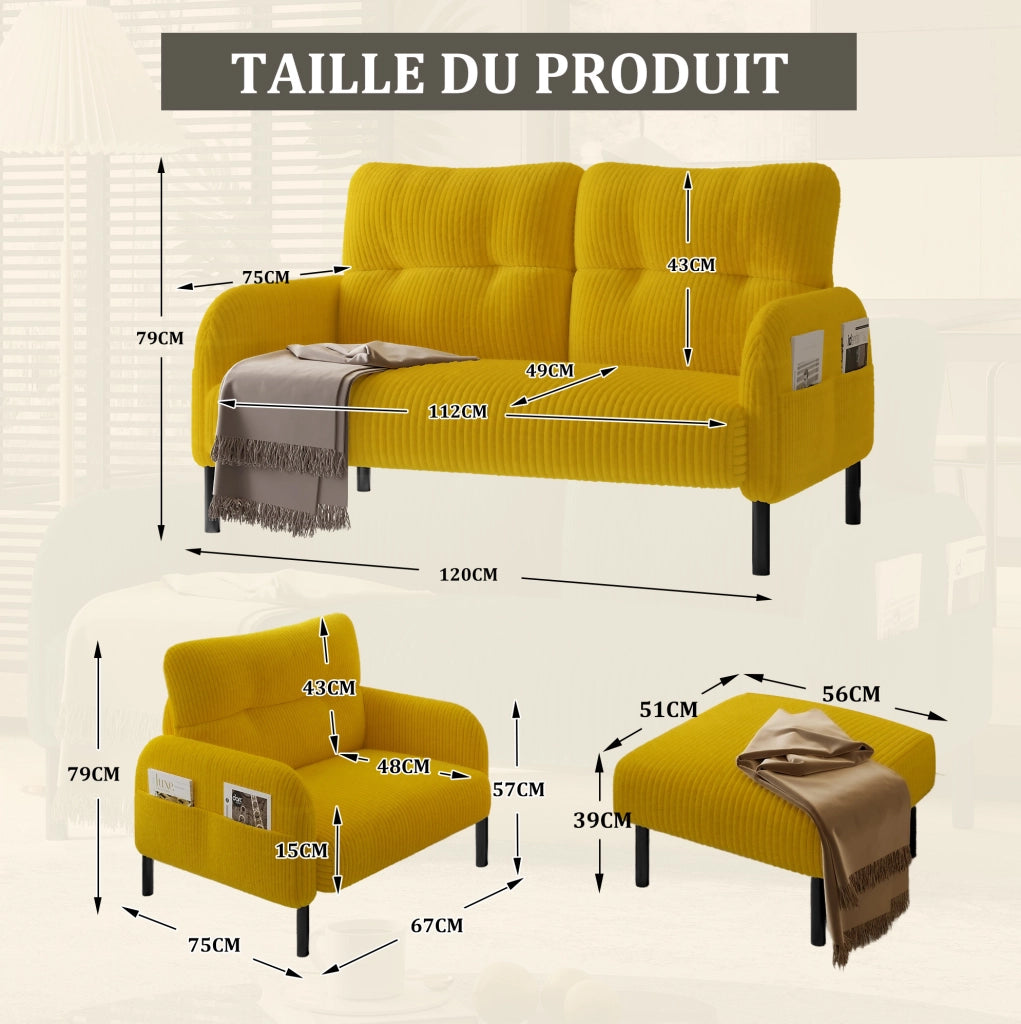 Set divano; poltrona e pouf con tasca laterale in corduroy giallo