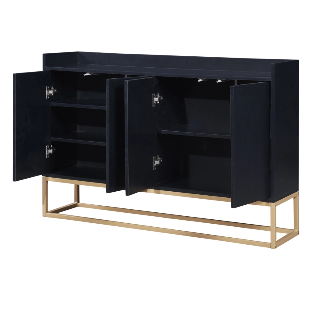 Credenza buffet 120cm nera, mobile soggiorno in pannello di particelle con base metallo oro, 4 ante push‑to‑open, ripiani regolabili, mobile da ingresso sala da pranzo
