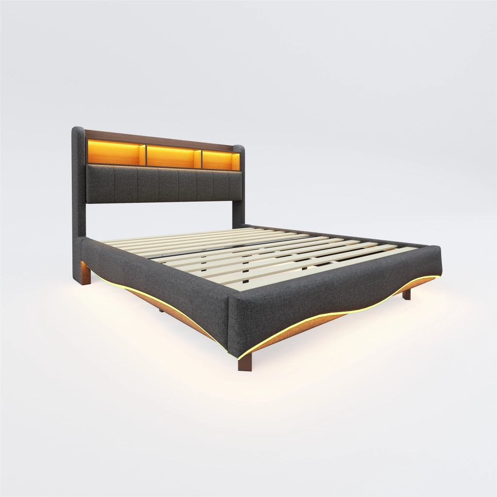 LETTO Imbottito 160x200 cm Grigio con LED, USB e Type-C