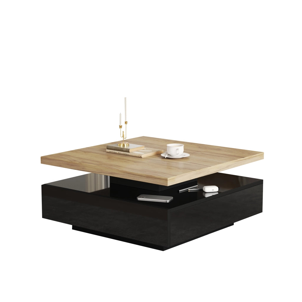 Tavolino da caffè con piano girevole e vano contenitore per soggiorno in truciolare noce 70x70x36 cm