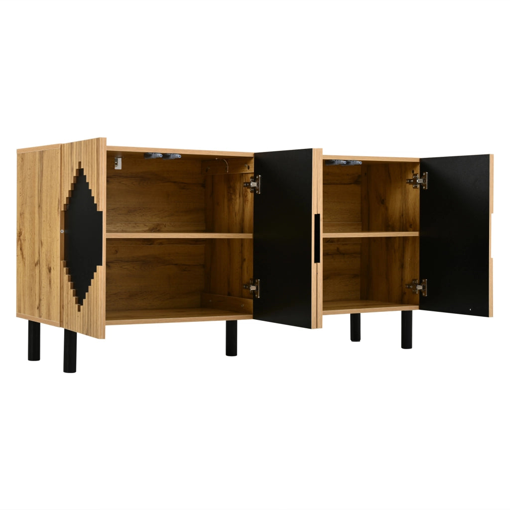 Credenza, mobile da ingresso, motivo a rombi, in truciolato e MDF, ripiani regolabili, colore legno naturale e nero