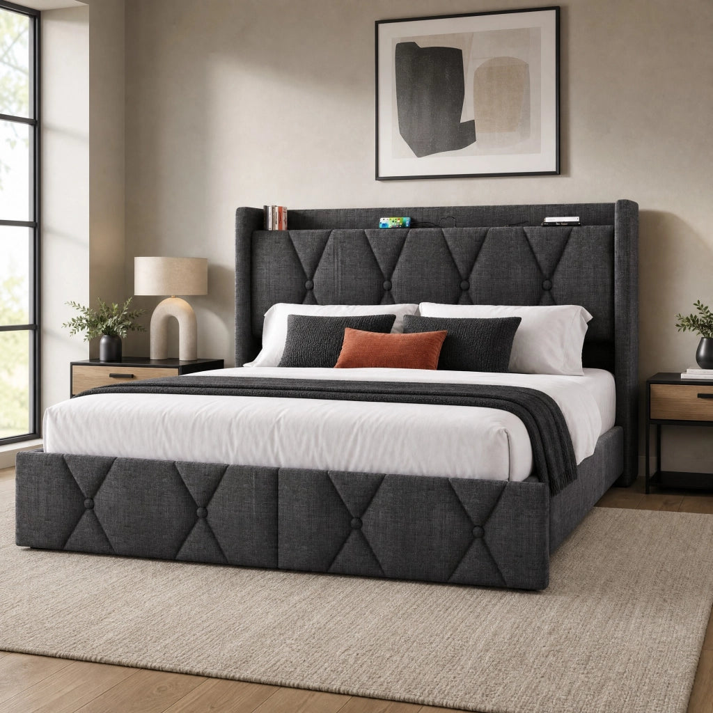 Letto imbottito 140x200 cm con 4 cassetti, USB e prese, grigio