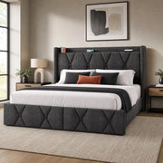 Letto imbottito 140x200 cm con 4 cassetti, USB e prese, grigio