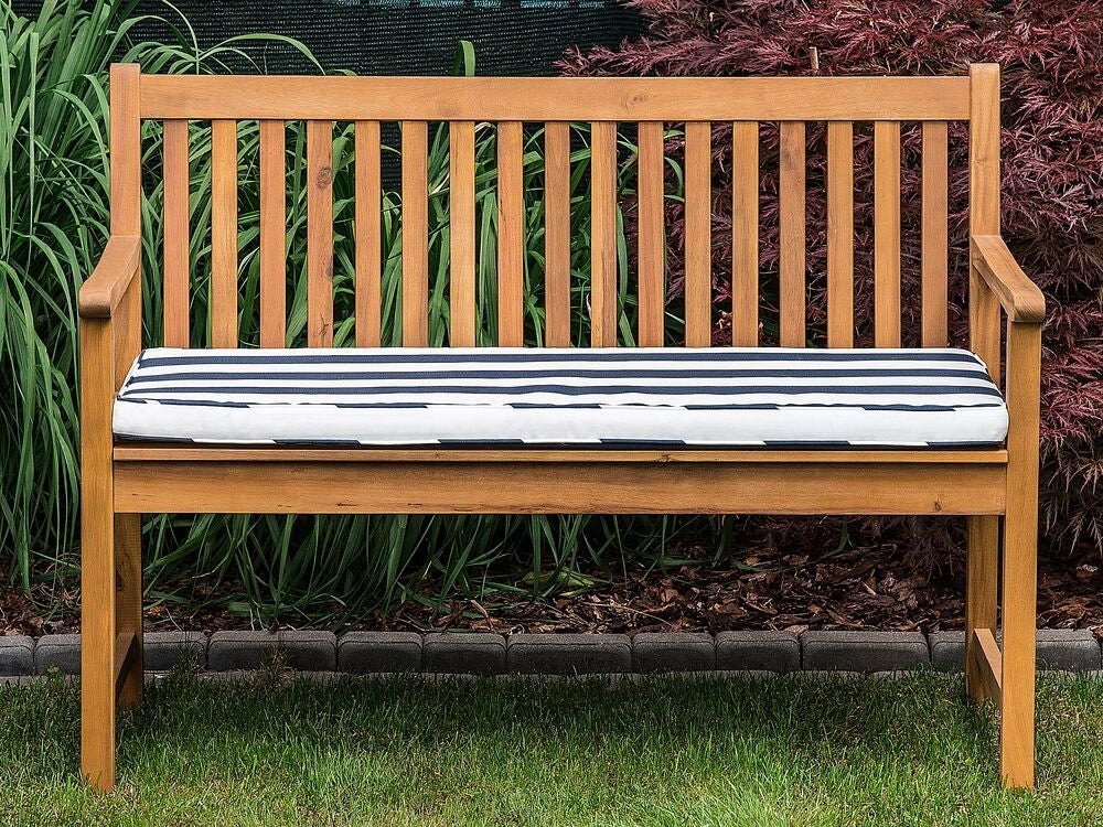 Panca da giardino leggera in legno di acacia 120 cm blu cuscino da seduta imbottitura a doghe design patio esterno stile rustico