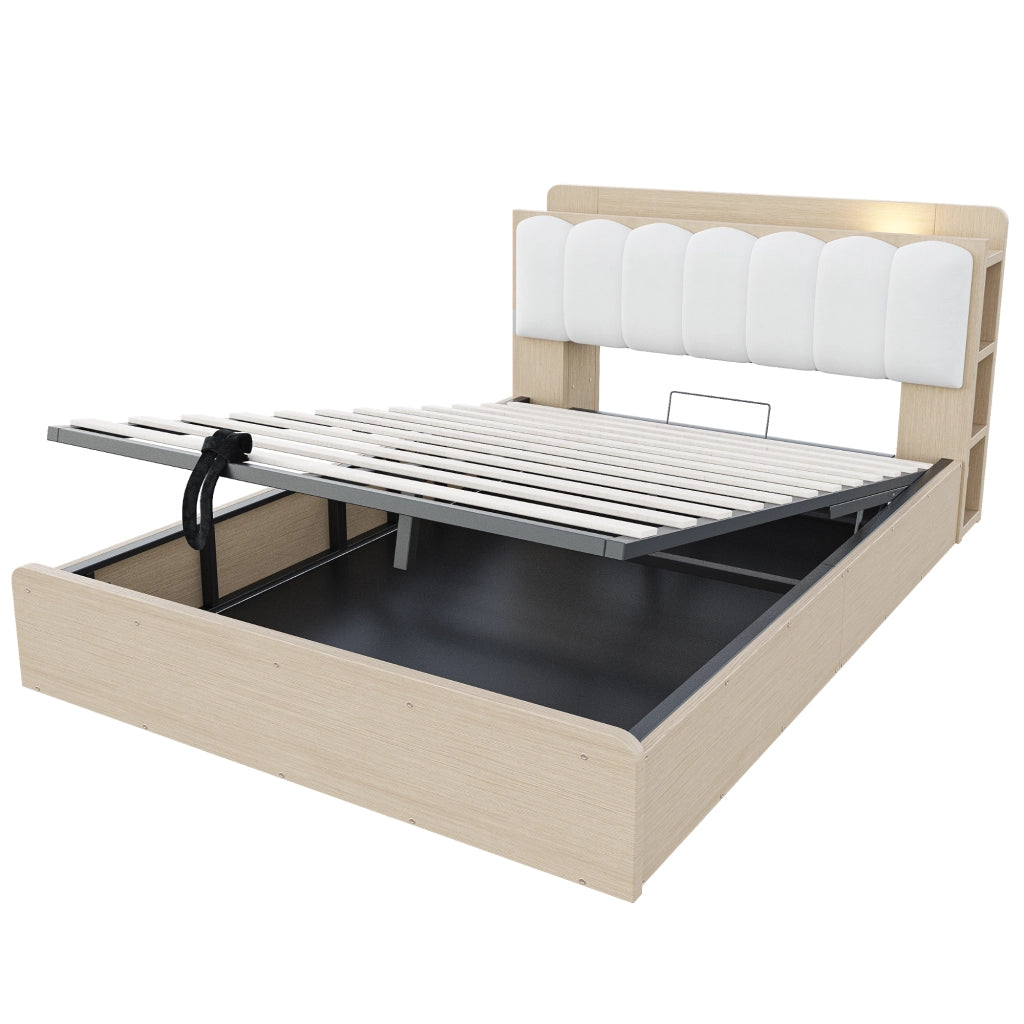 DESMIU Letto contenitore 140 × 200 cm 2 posti con USB, luce e vani, senza materasso, legno naturale