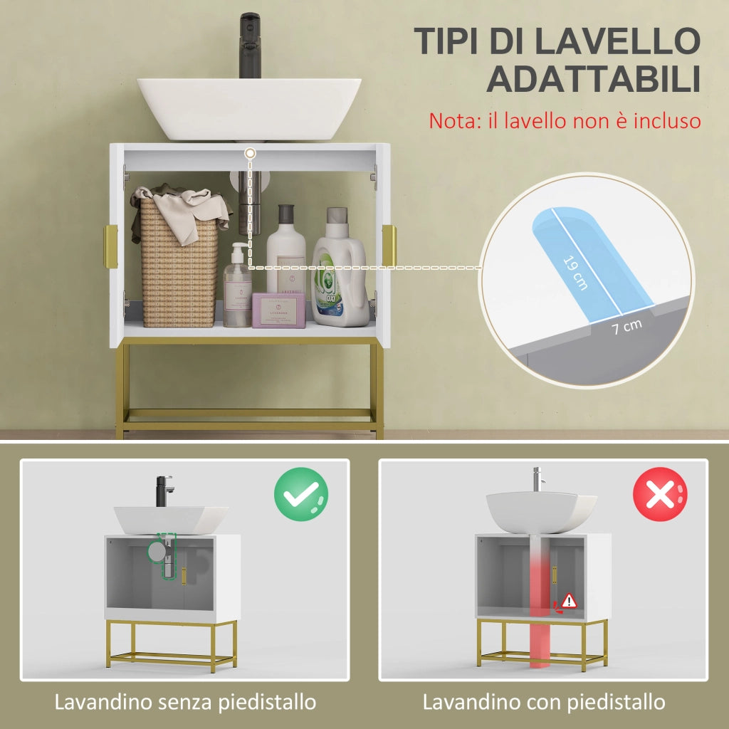Mobile Sottolavabo Bagno con Armadietto 2 Ante ¨C Zephmum ¨C Legno e Acciaio, Bianco e Oro, 60x30x65cm