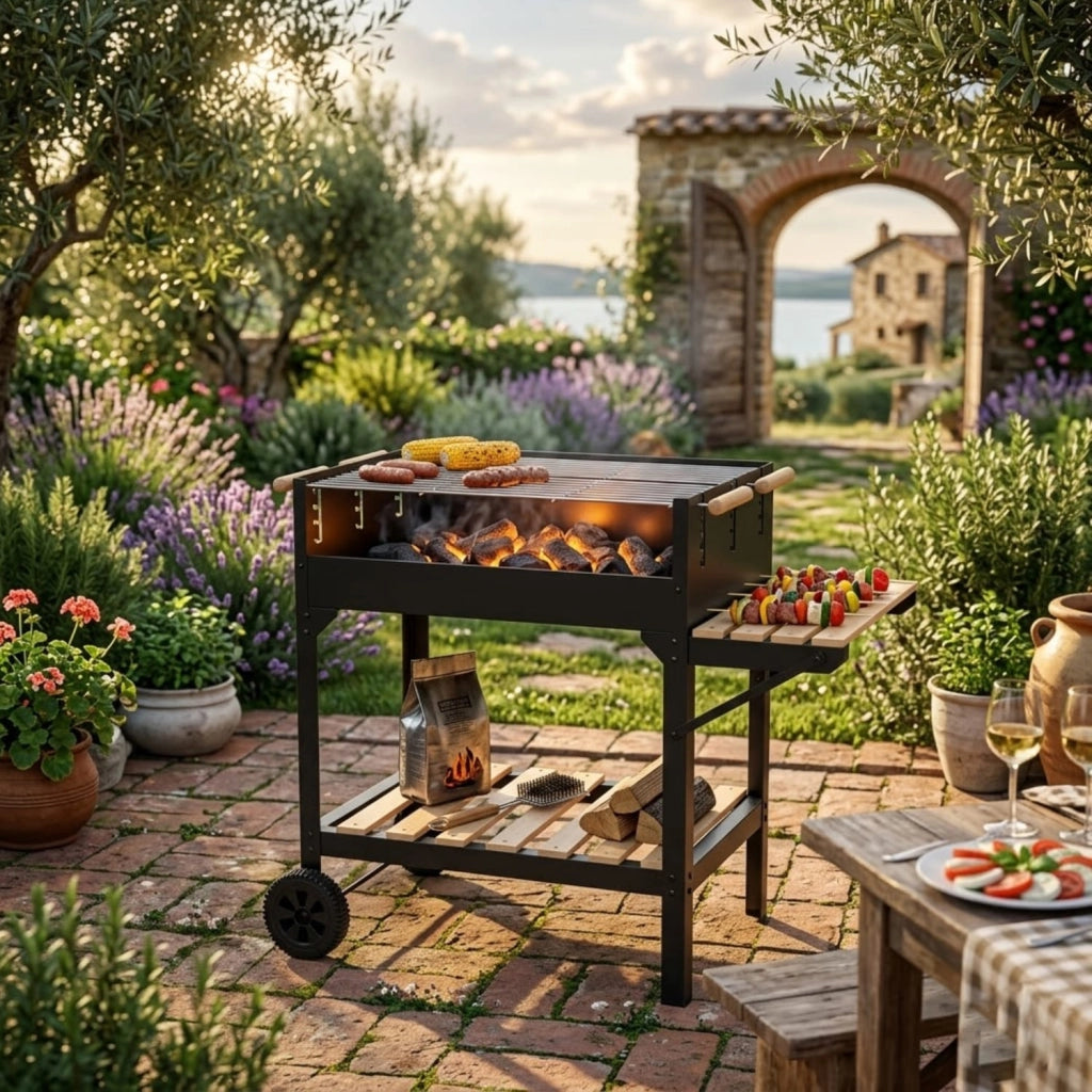 Barbecue Da Esterno Con Griglia Regolabile Ripiano Porta Accessori Laterale E Inferiore Acciaio Robusto Con Ruote Per Terrazza E Outdoor Cooking 122 x 53 x 100 Cm Nero