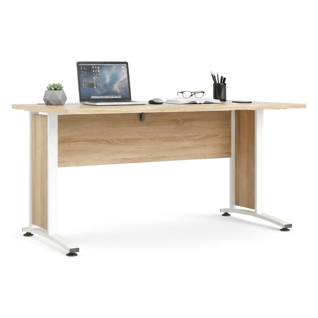 Scrivania Ascorbato, Scrittoio multiuso, Tavolo per ufficio porta PC, Piano di lavoro, 150x80 h75 cm, Quercia e Bianco
