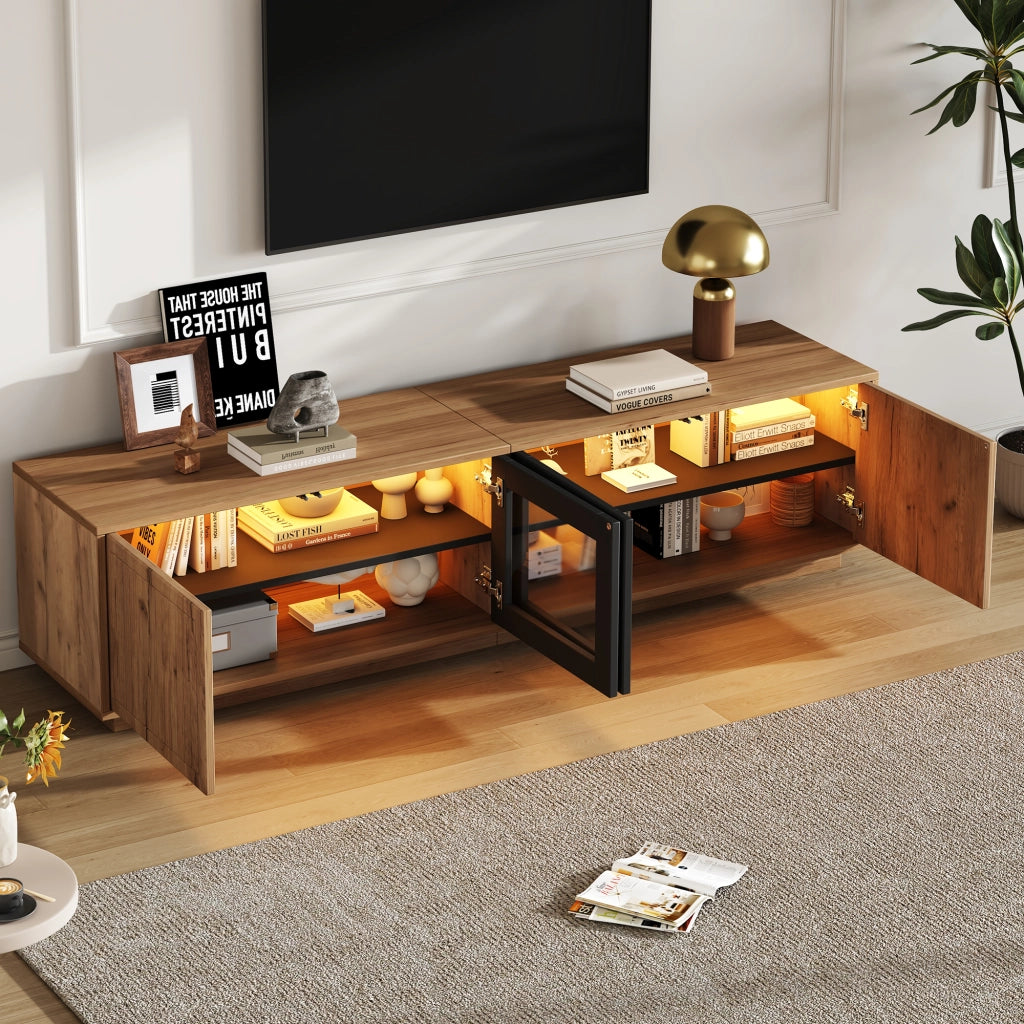 Mobile TV 180 x 40 x 45 cm in pannello truciolare, colore naturale e nero, con ante in vetro temperato e illuminazione LED