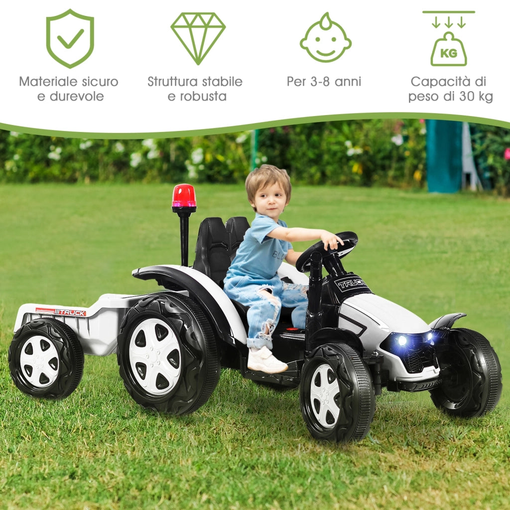 Trattore elettrico per bambini con rimorchio e telecomando, Trattore giocattolo con cintura di sicurezza Bianco-Macchinine giocattoli