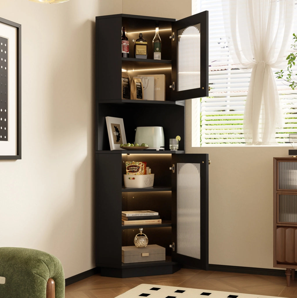 Mobile da bagno angolare con vano aperto e barra luminosa in MDF nero