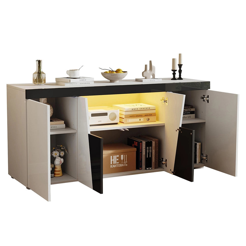 Credenza Angolare 140x40x65cm - Xylo - 3 Ante con Luci LED, Colore Bianco e Nero