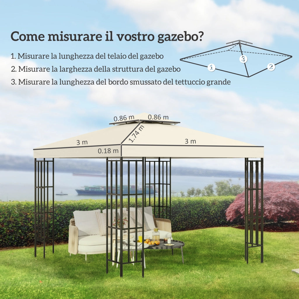 Telo Gazebo 3x3 m a 2 Livelli in Poliestere Resistente. Copertura Gazebo 3x3 con 8 Fori di Drenaggio e Cinghie in chiusura a strappo. Crema