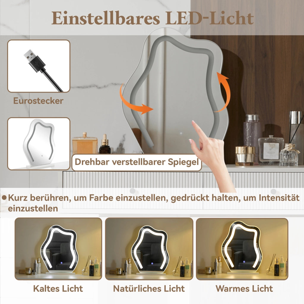 Toeletta con specchio LED e 5 cassetti; per camera da letto; 100×40×76 cm; bianca