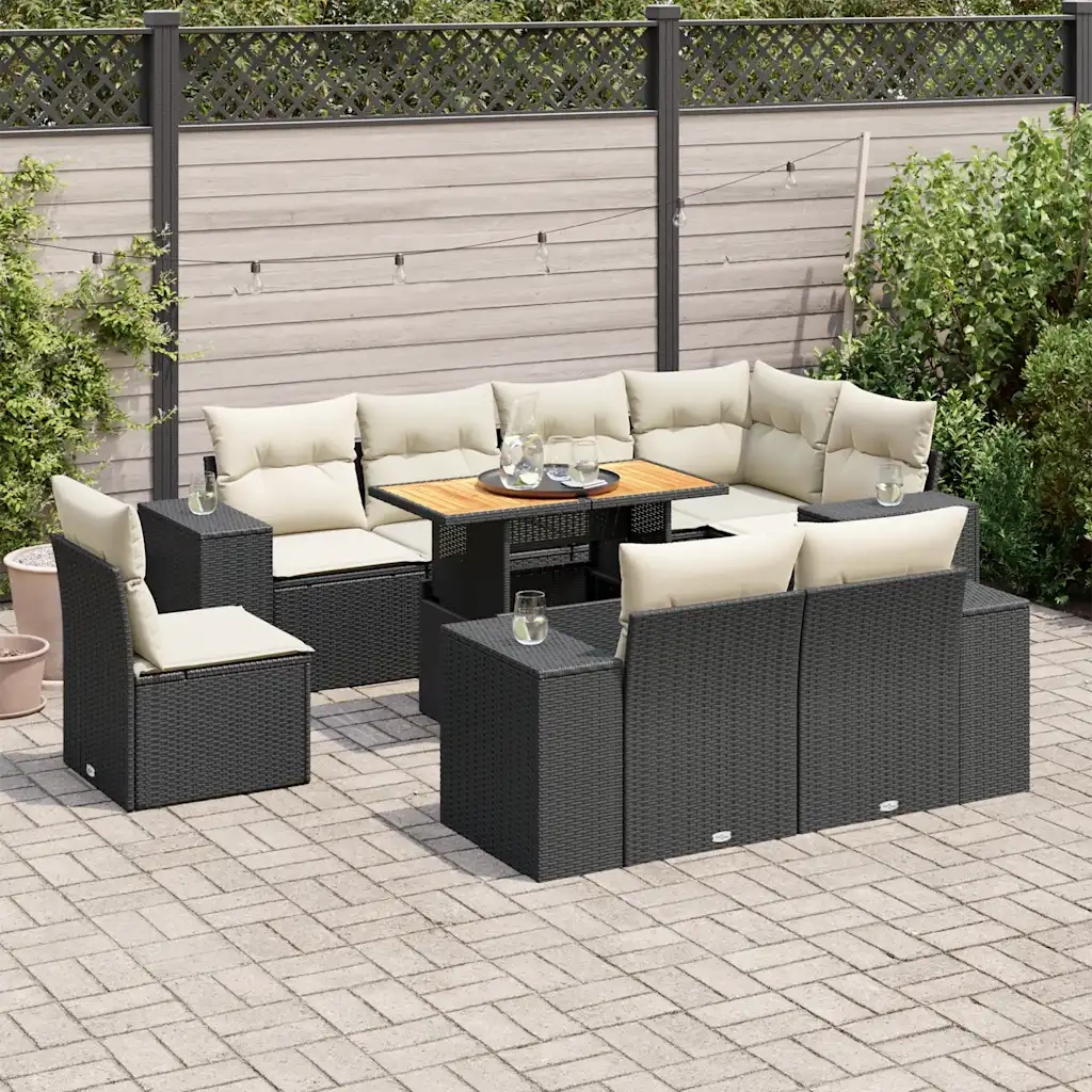 Set Divani da Giardino 9 pz con Cuscini Nero in Polyrattan 3327388