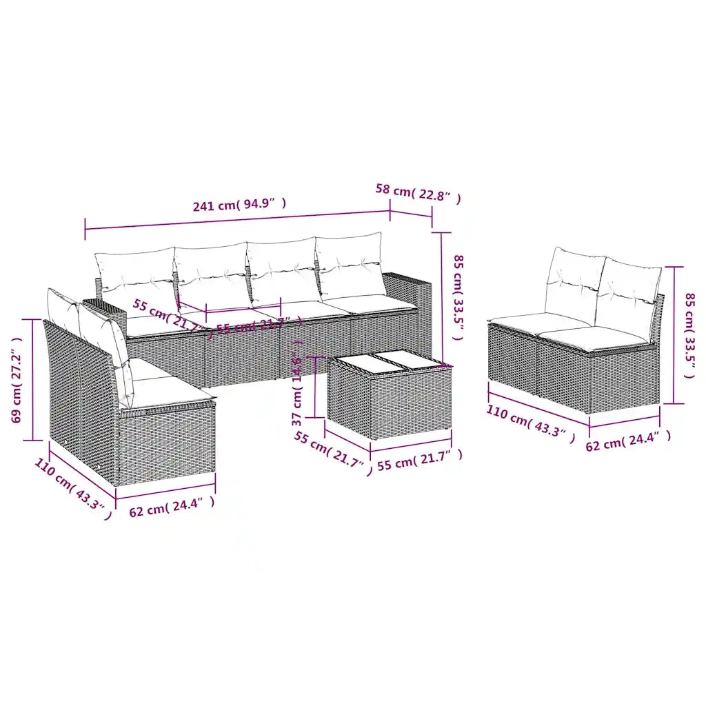 Set Divani da Giardino 9pz con Cuscini Marrone in Polyrattan